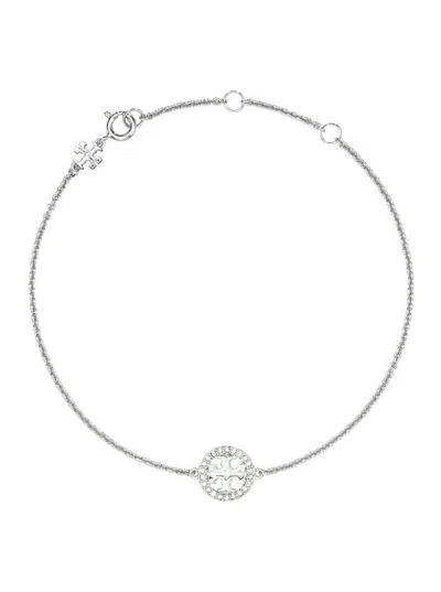 TORY BURCH 'MILLER' METALLIC CHAIN-LINK BRACELET WITH DOUBLE T CHARM AND CRYSTAL EMBELLISHMENTS