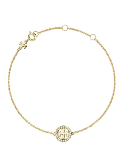 TORY BURCH 'MILLER' METALLIC CHAIN-LINK BRACELET WITH DOUBLE T CHARM AND CRYSTAL EMBELLISHMENTS