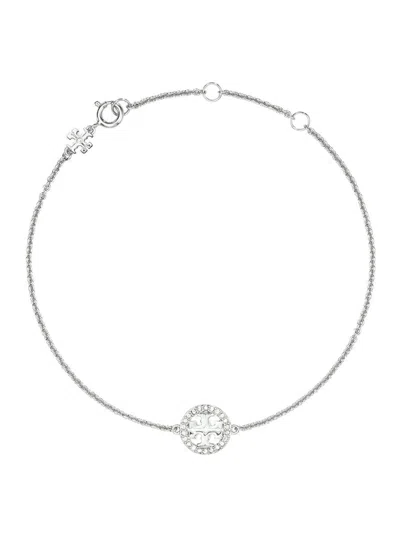 TORY BURCH 'MILLER' METALLIC CHAIN-LINK BRACELET WITH DOUBLE T CHARM AND CRYSTAL EMBELLISHMENTS IN BRASS BLEND 