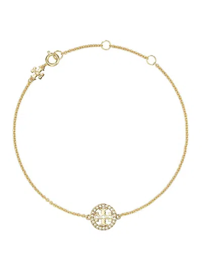 TORY BURCH 'MILLER' METALLIC CHAIN-LINK BRACELET WITH DOUBLE T CHARM AND CRYSTAL EMBELLISHMENTS IN BRASS BLEND 
