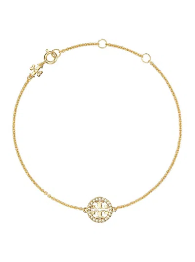 Tory Burch Miller Metallic Chain-link Bracelet With Double T Charm And Crystal Embellishments In Brass Blend Wo In Gold