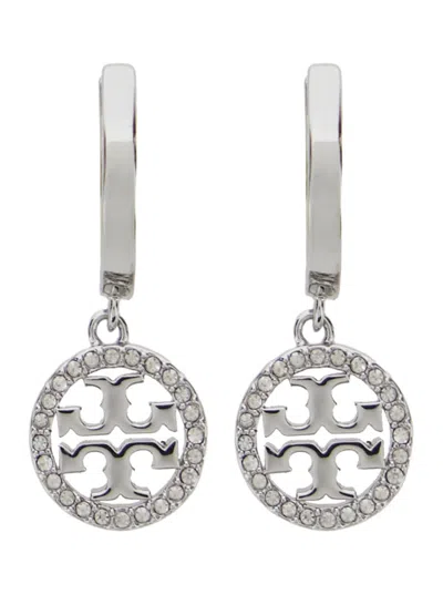 Tory Burch Miller Metallic Earings With Double T Logo Charm In Silver Plated Brass Blend Woman