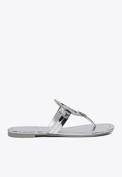 Tory Burch Miller Metallic Leather Thong Sandals In Silver