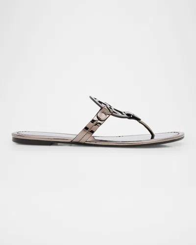 Tory Burch Miller Metallic Logo Thong Sandals In Shiny Dark