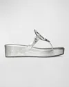 Tory Burch Miller Metallic Logo Wedge Thong Sandals In Silver