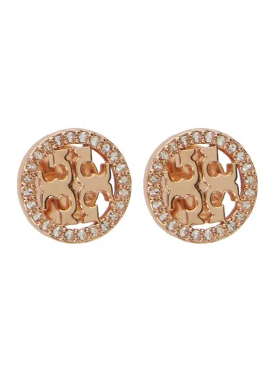 Tory Burch 'miller' Metallic Stud Earings With Crystal Embellishments In Brass Blend Woman In Grey