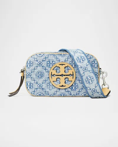 Tory Burch Miller Mini T Monogram Denim Crossbody Bag In Powder Blue