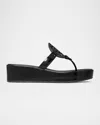 Tory Burch Miller Patent Leather Logo Wedge Thong Sandals In Black