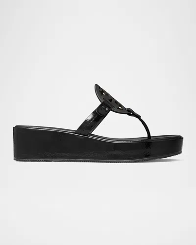 Tory Burch Miller Patent Leather Logo Wedge Thong Sandals In Black