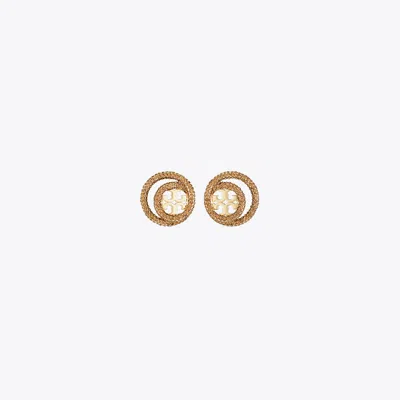 Tory Burch Miller Pavé Double Ring Stud In Tory Gold/smoky Topaz