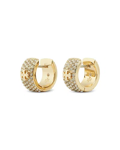 Tory Burch Miller Pave Double T Huggie Hoop Earrings In Gold
