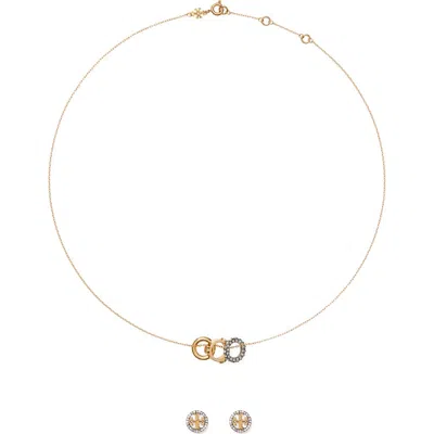 Tory Burch Miller Pavé Stud Earrings & Necklace Set In Gold