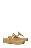 Tory Burch Miller Leather Logo Wedge Thong Sandals In Ginger Shortbread