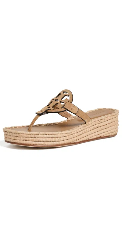 Tory Burch Miller Raffia Wedge Sandals 25mm Amber Grain In Brown