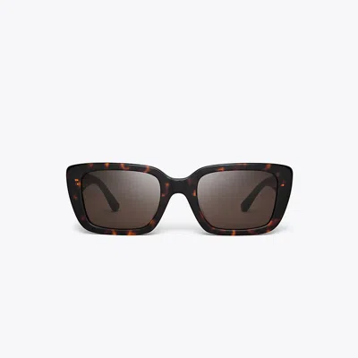 Tory Burch Miller Rectangular Sunglasses In Dark Tortoise/solid Brown