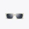Tory Burch Miller Rectangular Sunglasses In Ivory Red Blue Trilayer/dark Blue Solid