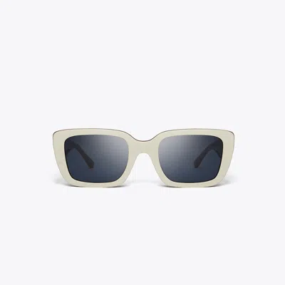 Tory Burch Miller Rectangular Sunglasses In Ivory Red Blue Trilayer/dark Blue Solid