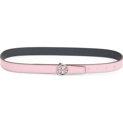 Tory Burch Miller Reversible Leather Belt In True Pink/deep Steel