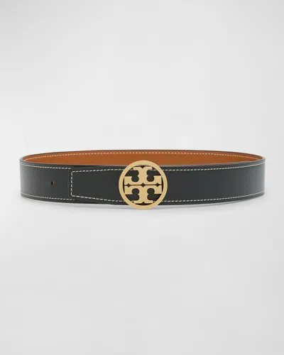 Tory Burch Miller Reversible Smooth Leather Belt In Gray