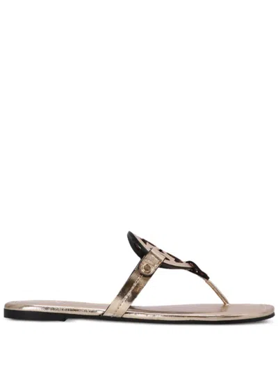 Tory Burch Miller Beige Leather Flip-flops In Gold
