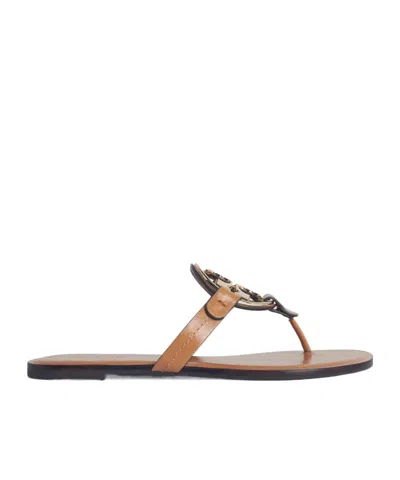 Tory Burch Kids' 'miller' Sandals With 'pavé' In Brown Leather