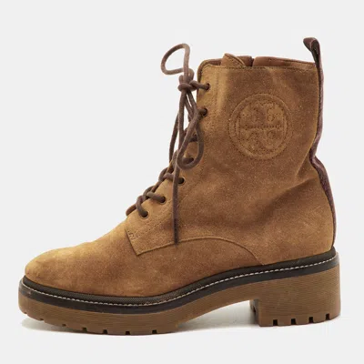Pre-owned Tory Burch Miller Size 36.5 Tan Suede Lug Sole Lace Up Combat Boots In Brown