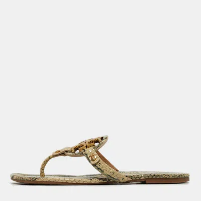 Pre-owned Tory Burch Miller Size 38.5 Grey/green Python Embossed Leather Thong Flats In Gray