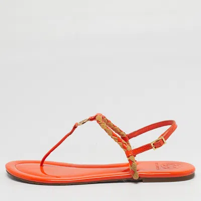 Pre-owned Tory Burch Miller Size 41 Orange Patent Leather And Straw Slingback Flats