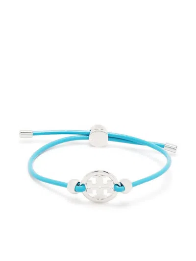 Tory Burch Logo-charm Leather Bracelet In Blue