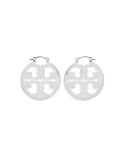 Tory Burch Small Miller Logo Hoop Earrings In Tory Silver