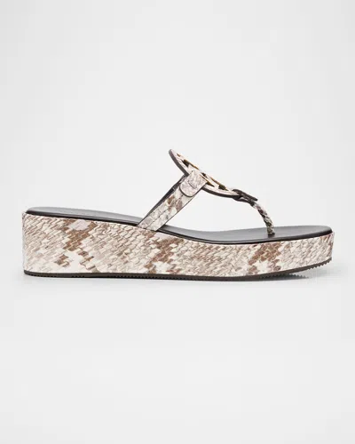 Tory Burch Miller Snake-embossed Logo Wedge Thong Sandals In Granite Roccia