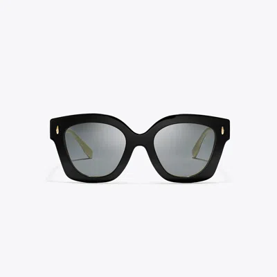 Tory Burch Miller Pushed Square Sunglasses In Black/ivory/dark Grey