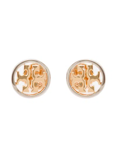 Tory Burch 'miller Stud' Earrings With Logo Detail In Brass Woman In Gold