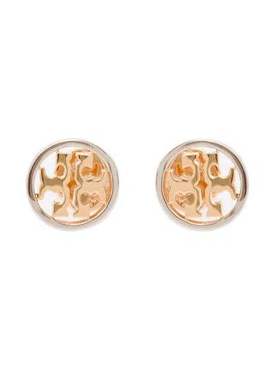 Tory Burch 'miller Stud' Earrings With Logo Detail In Brass Woman In Grey