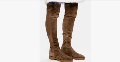Pre-owned Tory Burch Miller Suede Lug Sole Over-knee Flat Boots River Rock Leather Size 11 In Blue