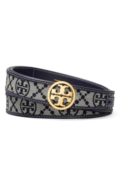Tory Burch Miller T Monogram Jacquard & Leather Belt In Tory Navy