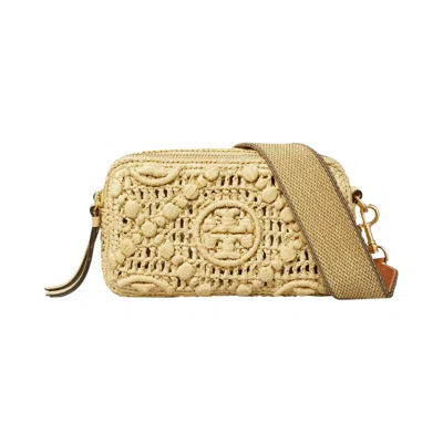 Pre-owned Tory Burch Miller T Monogram Raffia Mini Crossbody Bag 'natural' | Tan | Women's Size Onesize