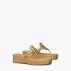 Tory Burch Miller Leather Logo Wedge Thong Sandals In Ginger Shortbread