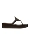 Tory Burch Black Logo Wedge Sandals In Brown