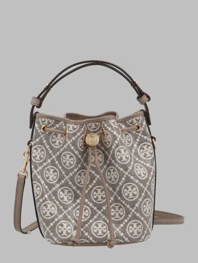 Tory Burch Mini Bucket Bag In T Monogram Canvas, 18cm X 14cm X 9cm In Gray