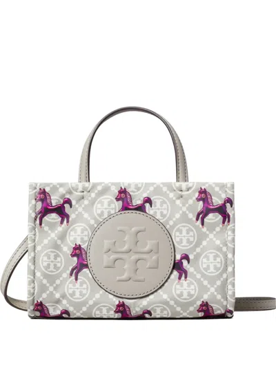 Tory Burch Mini Ella Horse-pattern Logo Tote In Gray