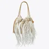 Tory Burch Mini Fleming Feather Drawstring Bag In Stone