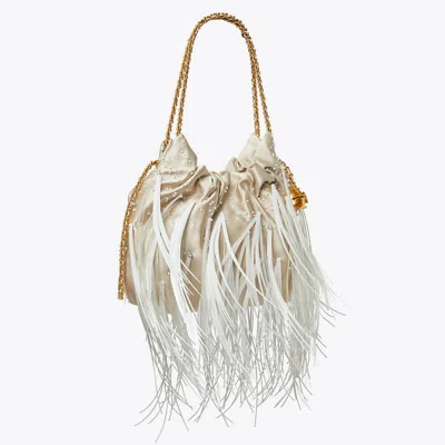 Tory Burch Mini Fleming Feather Drawstring Bag In Stone