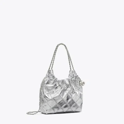 Tory Burch Mini Fleming Metallic Hobo Bag In Silver