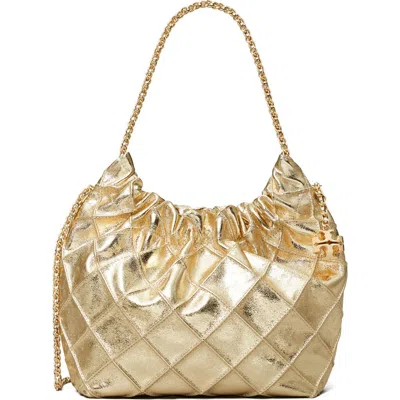 Tory Burch Mini Fleming Metallic Leather Hobo Bag In Gold
