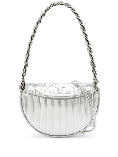 Tory Burch Mini Fleming Metallic Quilt Crescent Shoulder Bag In Silver