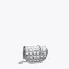 Tory Burch Mini Fleming Metallic Square Quilt Chain Wallet In Silver