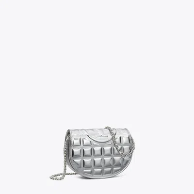 Tory Burch Mini Fleming Metallic Square Quilt Chain Wallet In Silver