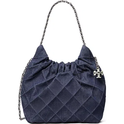 Tory Burch Mini Fleming Quilted Denim Hobo Bag In Blue