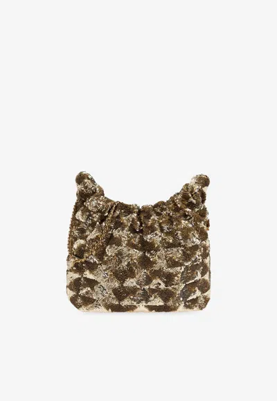 Tory Burch Mini Fleming Sequined Hobo Bag In Gold